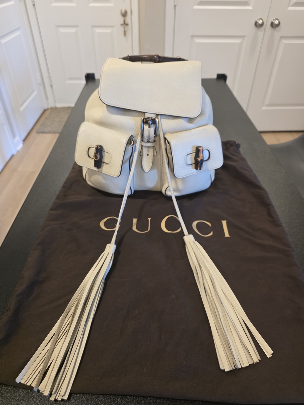 Gucci Ivory Leather Drawstring Backpack with Tassels